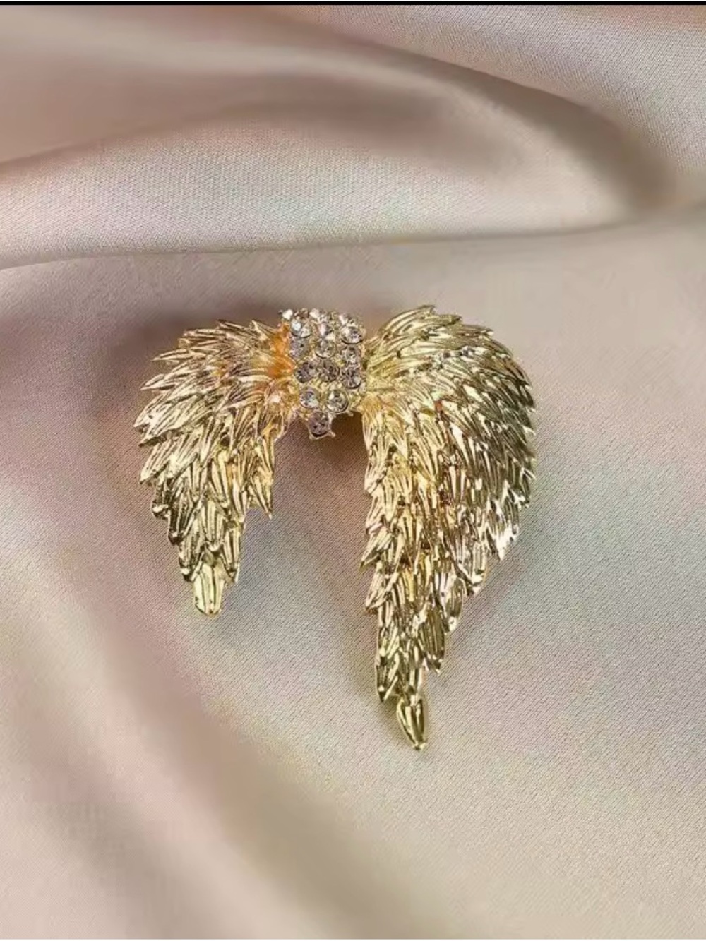 Elegant Gold Tone Angel Wing Brooch with Rhinestones - Unique Wing Shaped